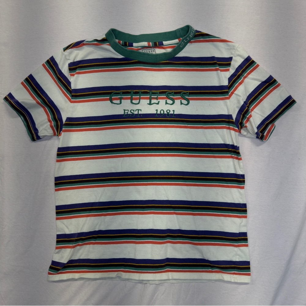 Vintage Guess Striped Shirt, Embroidered Logo, Detailed Neck, Multicolored